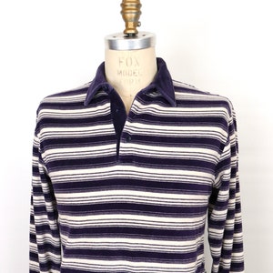 1980s Velour Long Sleeve Polo Shirt with horizontal stripe / men&#39;s medium
