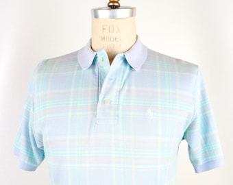 1990s Ralph Lauren Pastel Plaid Polo Shirt in mint blue, pink & green / men's medium