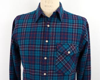 1970s-80s Elbow Patch Pendleton Wool Shirt / men's large / slim vintage fit