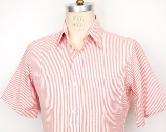 late 1960s-80s Striped Oxford Cotton Button-Down Shirt w/ red & white stripe and real pearl buttons / men's medium