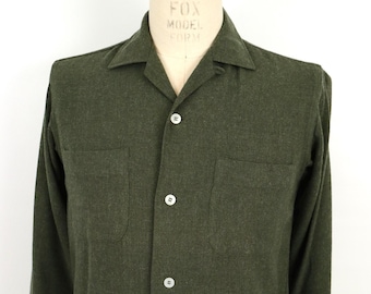 1950s Olive Green Wool 'Camp Shirt' with Loop Collar / men's small