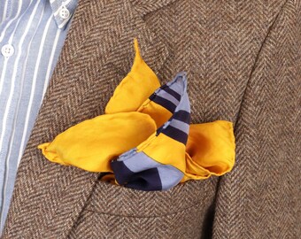 1960s-70s Solid or Striped Silk Pocket Square with blue & gold pattern