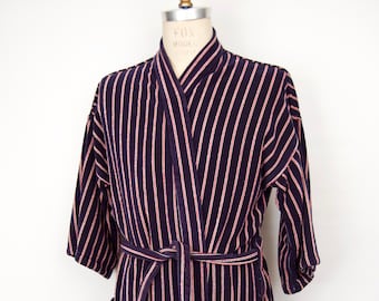 1980s Bill Blass Terry Cloth Robe / vintage thick cotton robe with red, white & blue vertical stripe / men's one-size