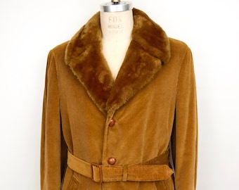 1970s Corduroy Trench Coat w/ Faux Fur Collar & Lining / men's large
