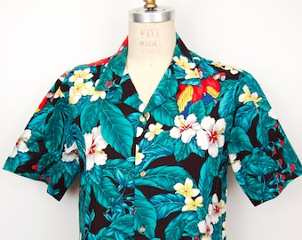 SALE! Vintage Hawaiian Floral Shirt w/ camp collar & parrot pattern / black white teal summer vacation cabana shirt w/ macaw / men's large