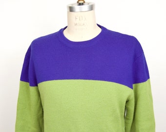 1990s-80s Wool Sweater in color block blues & green / men's xl