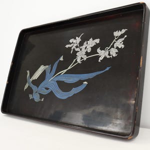 1920s Antique Art Nouveau/Deco Black Enamel Wood Tray with blue & silver floral hand painted inlay