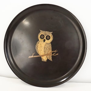1960s-70s Black Couroc Tray with Owl Graphic & original sticker label!