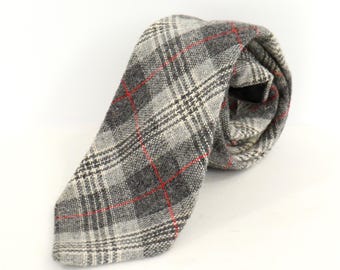 Krawat wełniany w szarą kratę z lat 80.