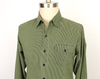 1990s Striped Shirt with lime green & black vertical stripe / men's small