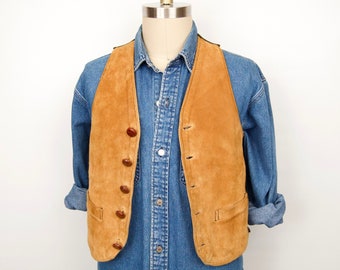 Vintage Suede Vest w/ Leather Knot Buttons & tan calf cowhide pig skin / extra small