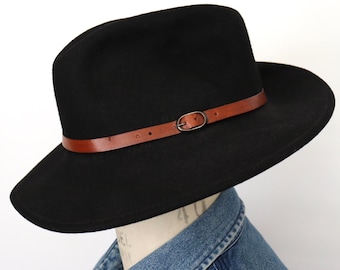 1990s Black Italian Wool Felt Fedora with brown leather hat band / men's large