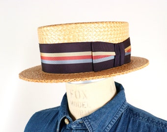 1920s-50s Stetson Straw Boater w/ striped ribbon hat band / men's medium