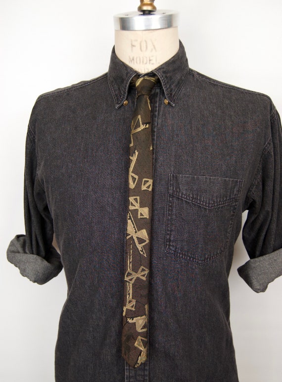 SALE! 1980s Pattern Black & Gold Skinny Tie - image 2