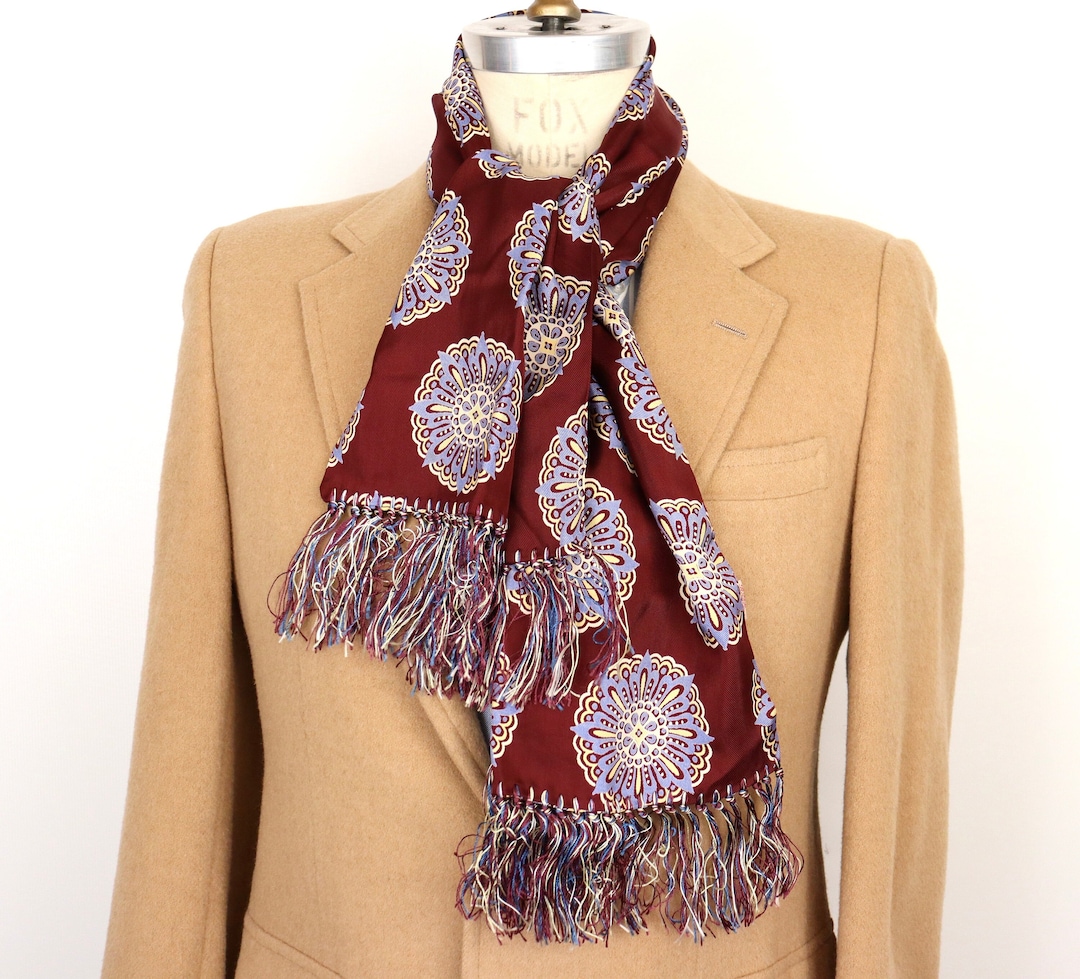1960s70s Silky Men's Dress Scarf With Burgundy Red Pattern Etsy
