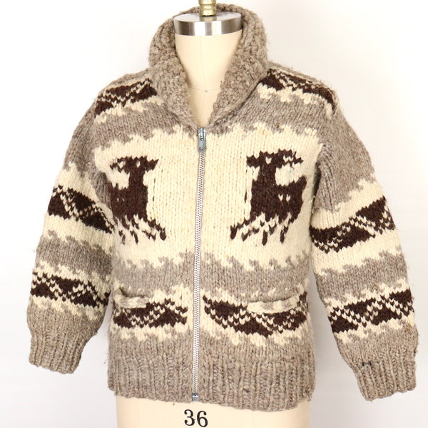 Vintage Cowichan Zip Cardigan with Deer Buck Pattern, Shawl Collar & thick raw wool  / men's extra small - women's small