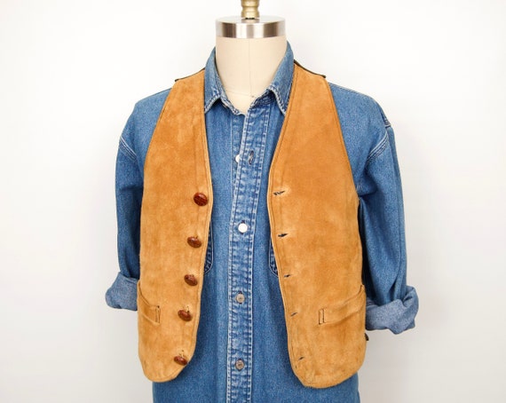 Vintage Suede Vest w/ Leather Knot Buttons & tan … - image 1