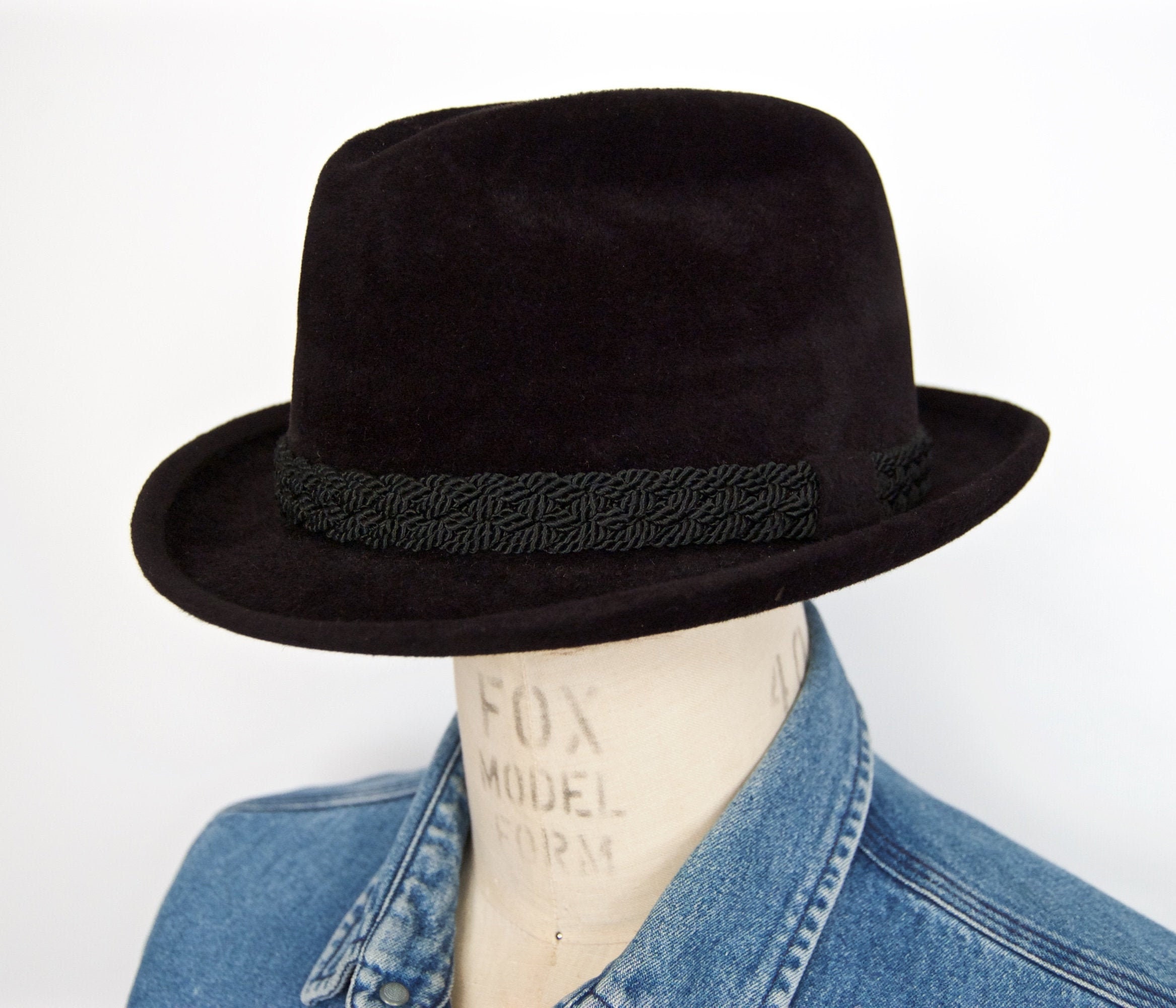 1970s-80s Stetson Velvet Fedora / The Sovereign Black Hat w/ Hatband Braid \u0026 Brim / Men's Size Small 6-7/8