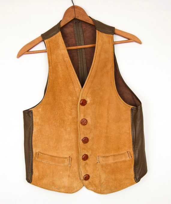 Vintage Suede Vest w/ Leather Knot Buttons & tan … - image 2