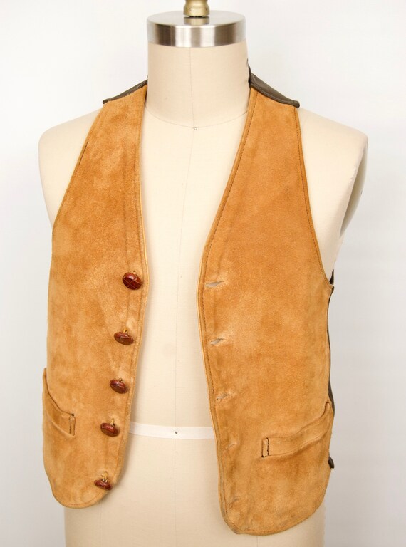 Vintage Suede Vest w/ Leather Knot Buttons & tan … - image 3