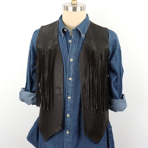 1960s-70s Fringe Black Leather Vest / men&#39;s medium