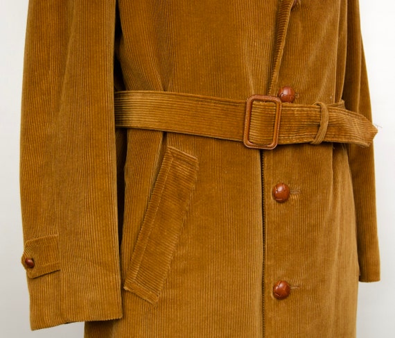 1970s Corduroy Trench Coat w/ Faux Fur Collar & L… - image 3