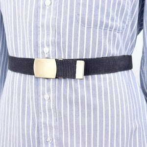 1980s-90s Navy Blue US Military Belt in navy blue with silver steel buckle / men&#39;s small