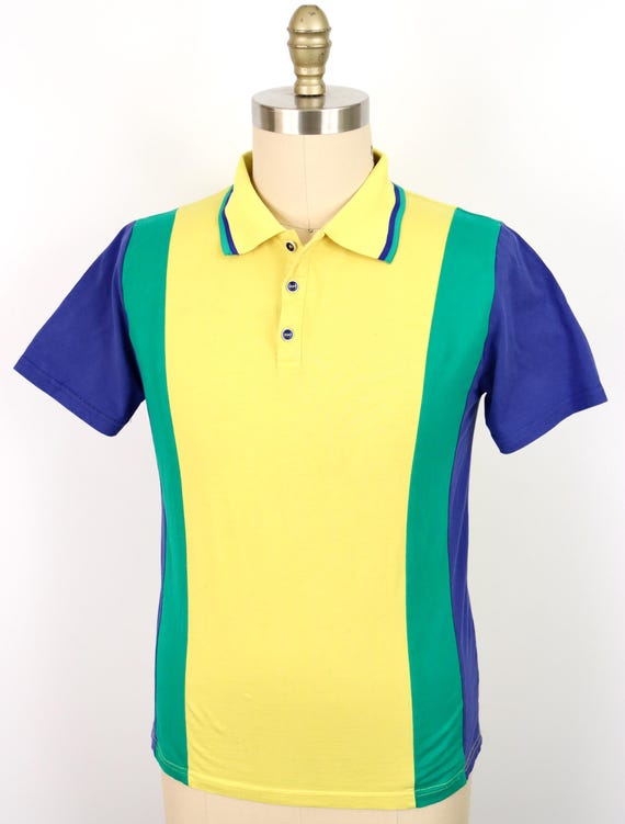 1990s Soccer, Tennis or Golf Polo Shirt in Yello, Blue Green