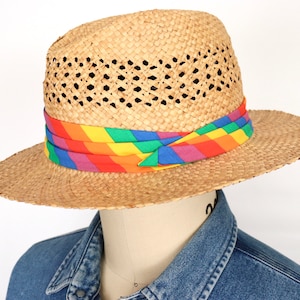 Vintage Straw Panama Hat with rainbow hat band  / men&#39;s medium