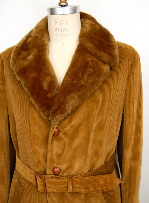 1970s Corduroy Trench Coat w/ Faux Fur Collar & L… - image 4