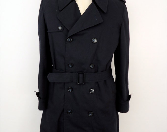 Navy Blue Belted Trench Coat / Double Breasted Raincoat / Vintage Foggy