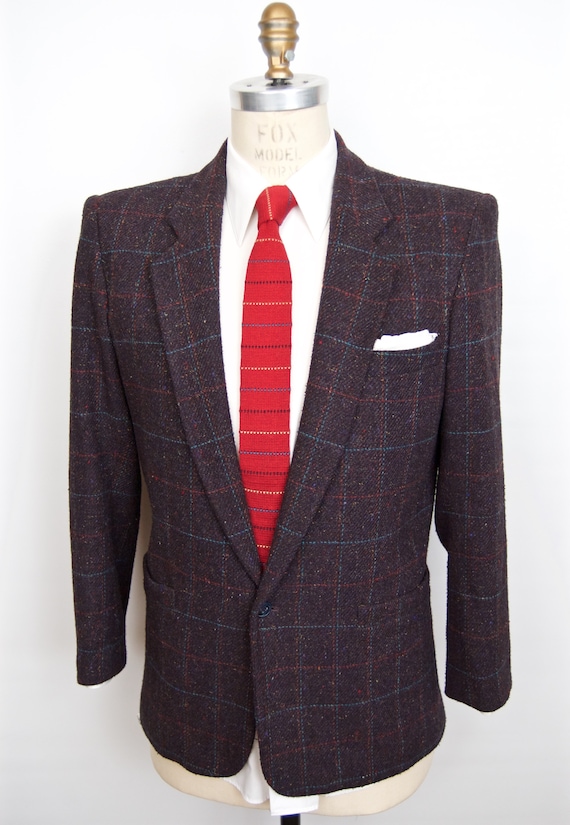 1980s Navy Blue Tweed Blazer w/ pastel windowpane