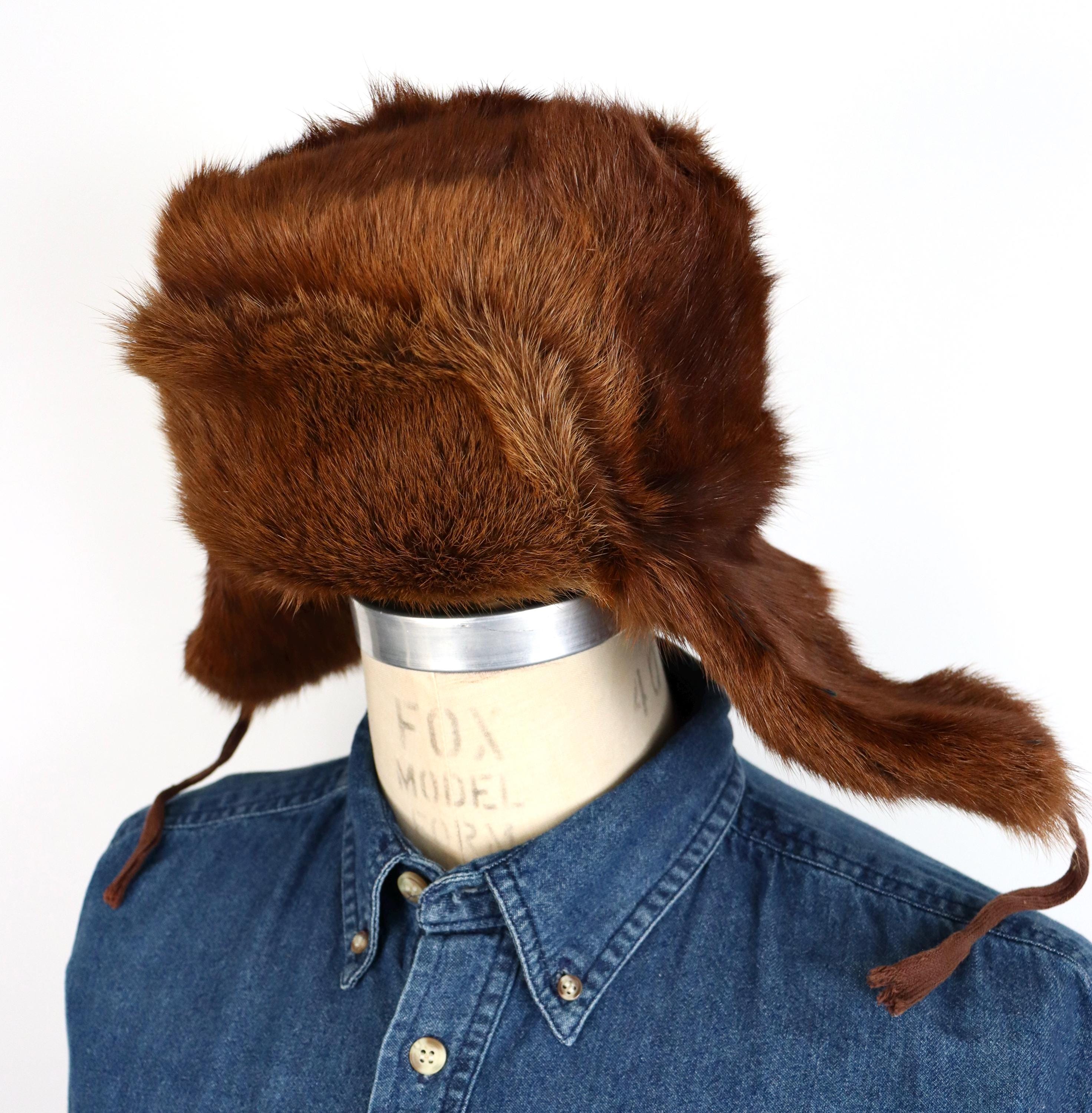 Vintage Brown Fur Trapper Hat or Trooper Hat With Ear Flaps 