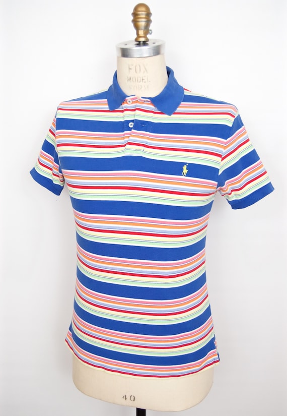 yellow and blue striped polo shirt