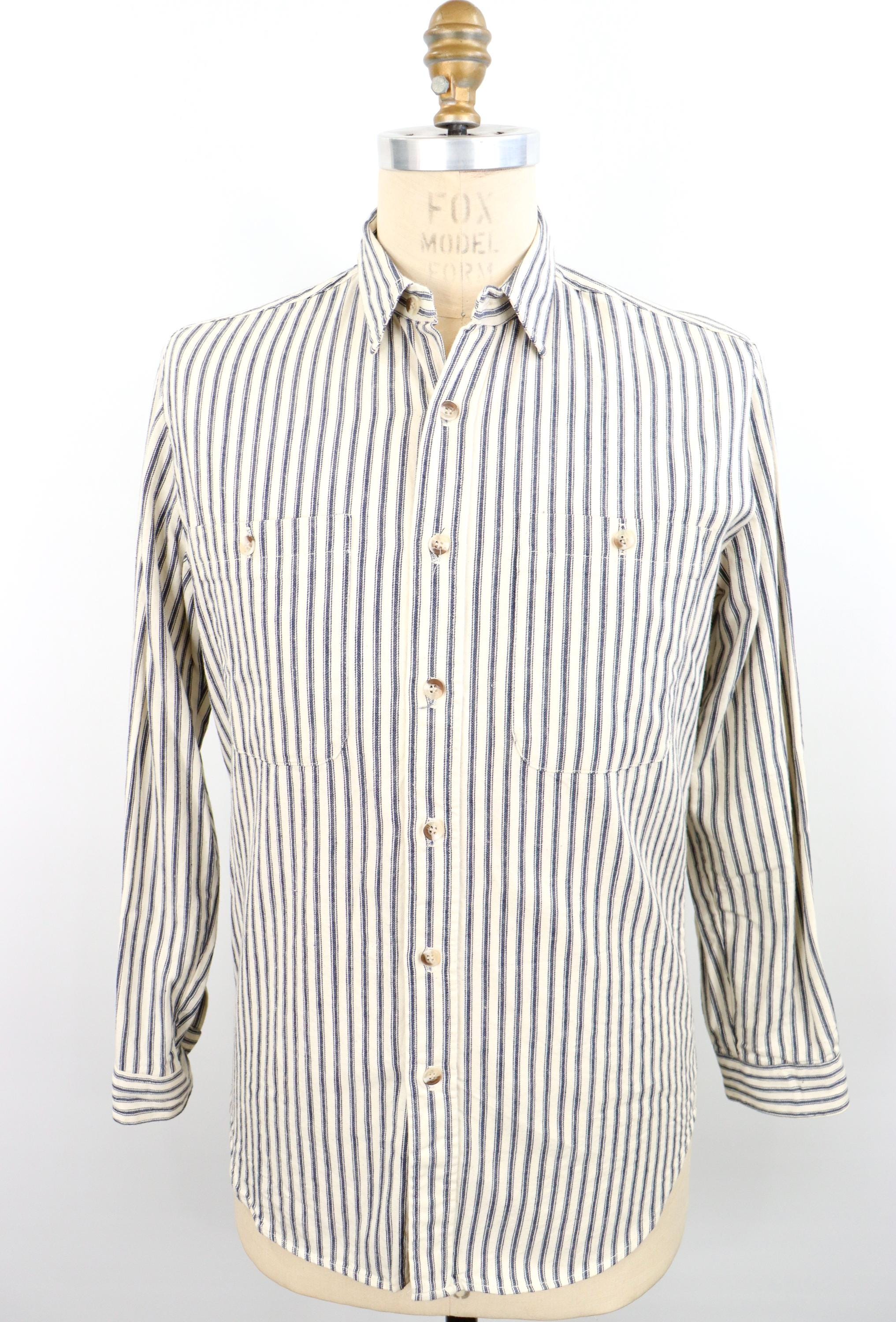 Chemise rayée Banana Republic années 80-90 en coton naturel semblable à une toile blanc cassé et bleu marine / taille moyenne pour hommes / cadavres d'animaux neufs anciens stocks avec étiquettes !
