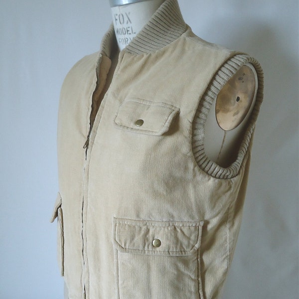 Corduroy Campfire Vest / tan puffy vest / vintage ski vest / mens medium