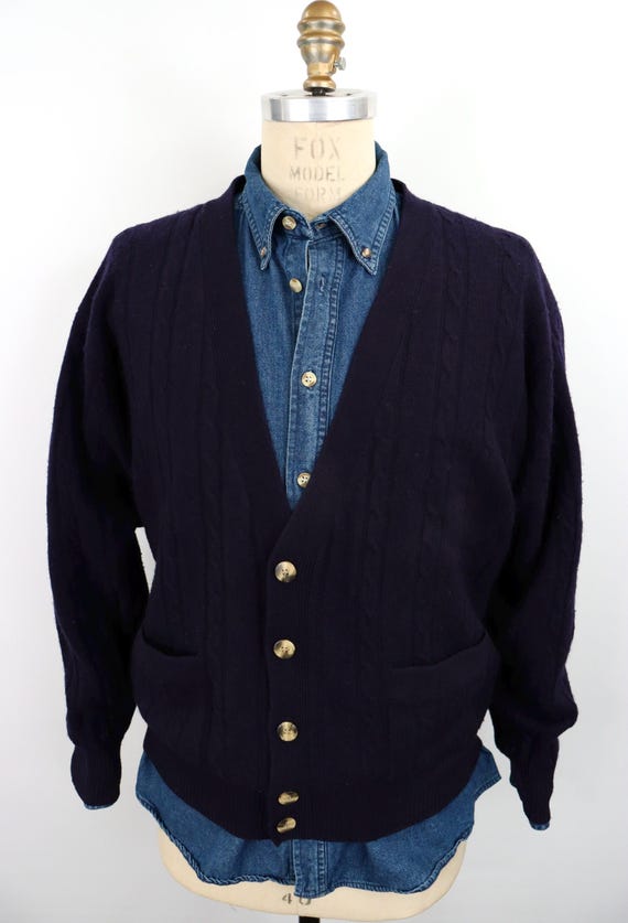 1980s Navy Blue Lambswool Cable Knit Cardigan Sweater / men's XL