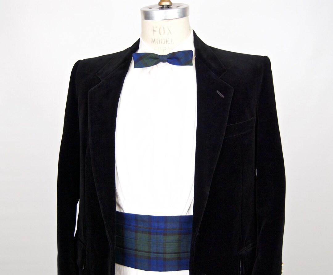 1950s60s Black Watch Plaid Bow Tie & Cummerbund Matching Set W/ Skinny