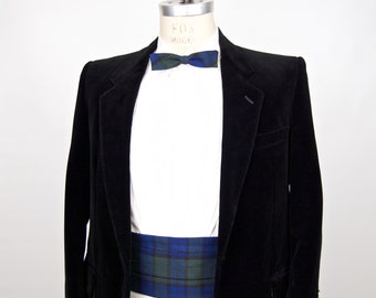 1950s-60s Black Watch Plaid Bow Tie & Cummerbund Matching Set w/ skinny clip-on bat wing bow tie