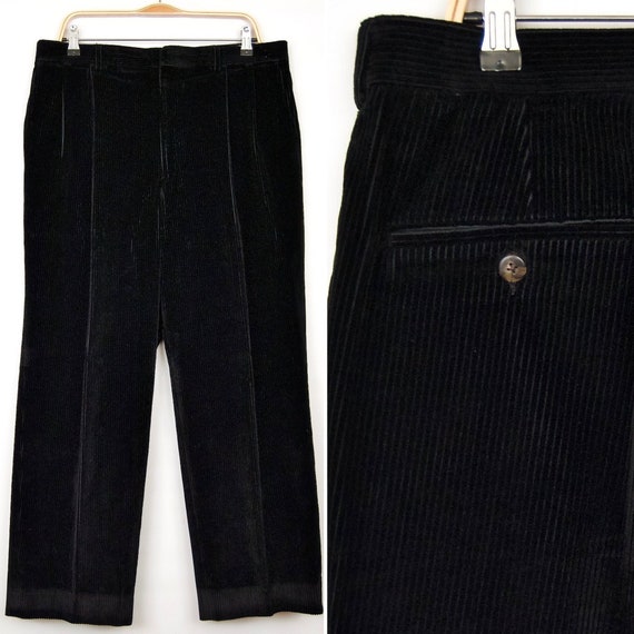 1980s Velvet-y Black Corduroy Pants w/ double ple… - image 1