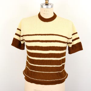 1970s Striped Knit T-Shirt or short sleeve sweater with yellow & brown horizontal stripe / men&#39;s large-xl