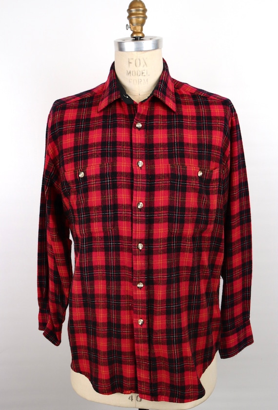 1980s Black & Dark Pink Plaid Flannel Shirt / men… - image 1