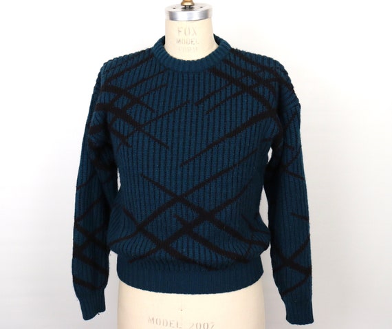 1980s Abstract Pattern Teal & Black Sweater / med… - image 1