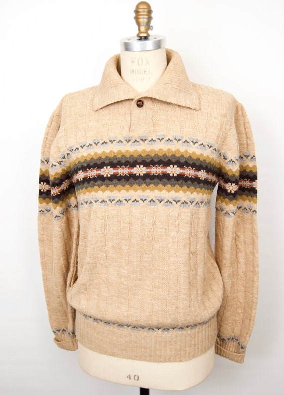 1970s-80s Collared Cable Knit Sweater w/ Fair Isle