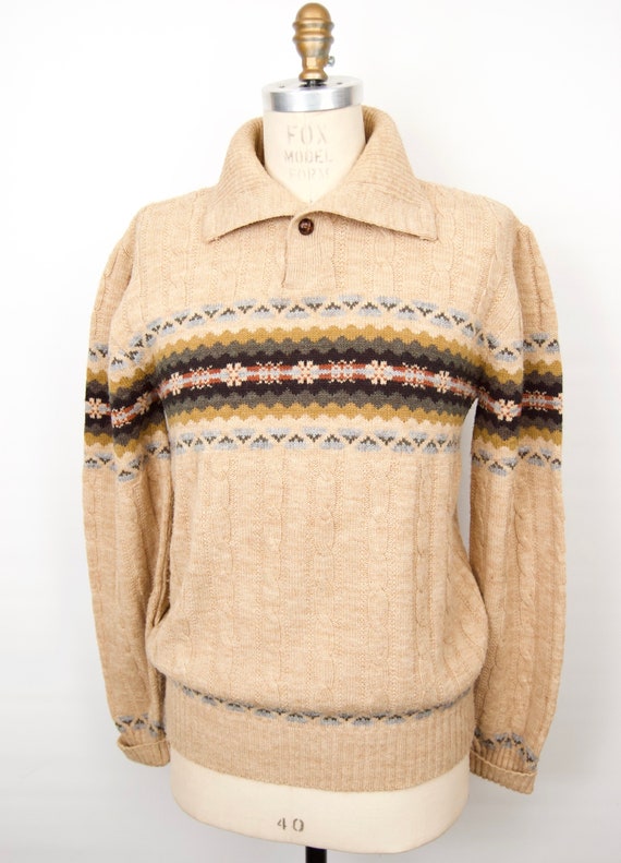 SALE! 1970s-80s Collared Cable Knit Sweater w/ Fai