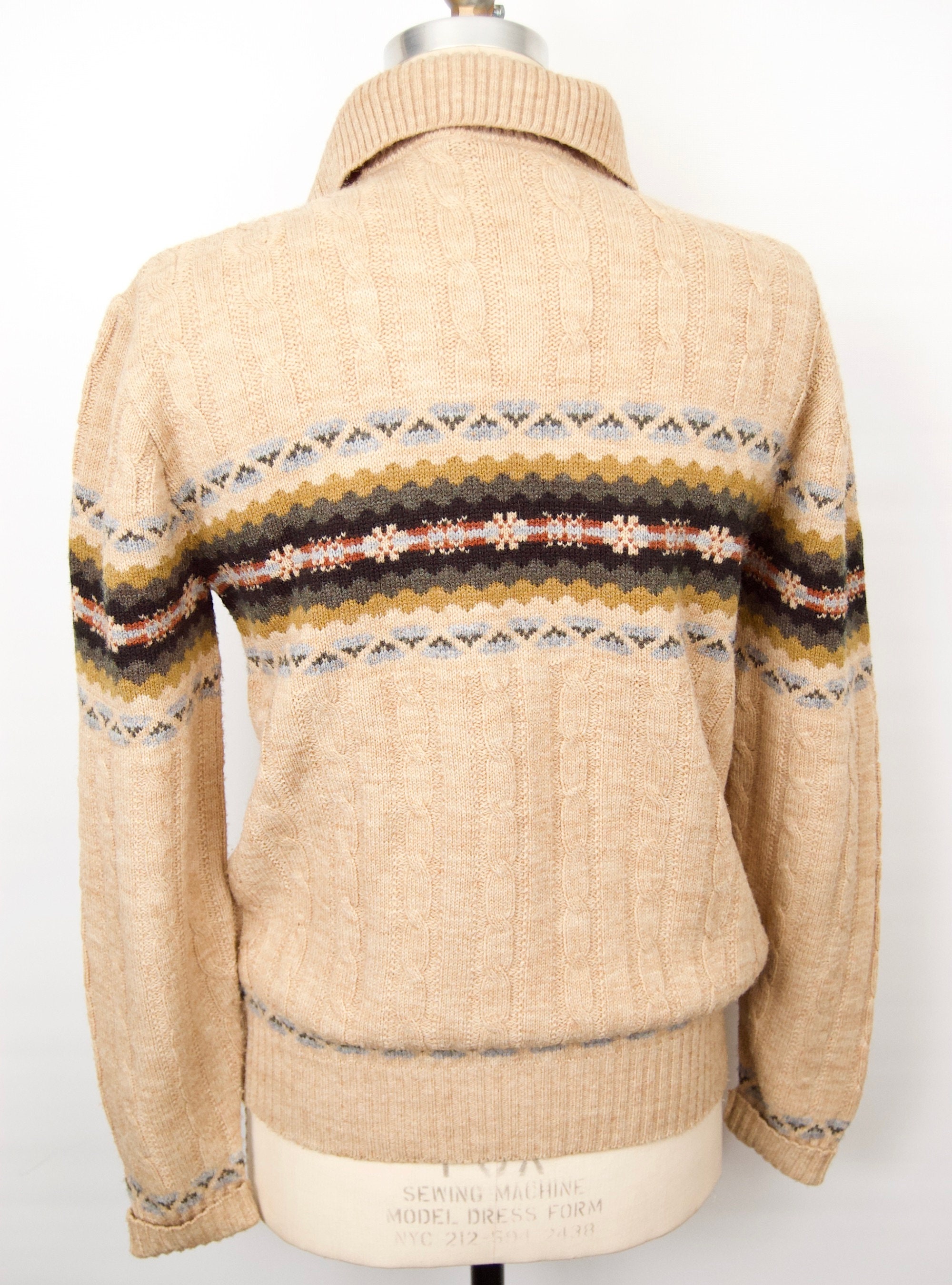 Vintage 70s-80s Collared Cable Knit Sweater With Fair Isle Pattern
