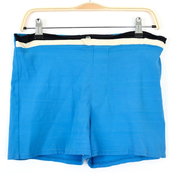 1950s Square Cut Swim Trunks in boxy blue nylon with black & white stripe  / men's 32 to 34 waist / size medium