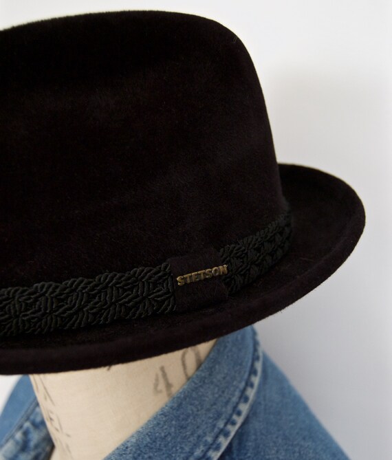 1970s-80s Stetson Velvet Fedora / The Sovereign Black Hat w/ Hatband Braid \u0026 Brim / Men's Size Small 6-7/8