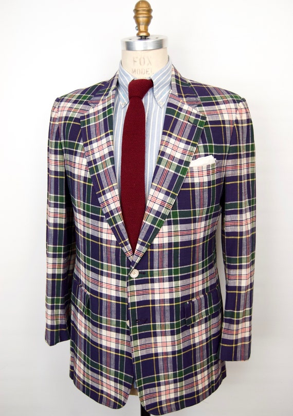 1980s Madras Plaid Sport Jacket suit coat / men's large | Etsy