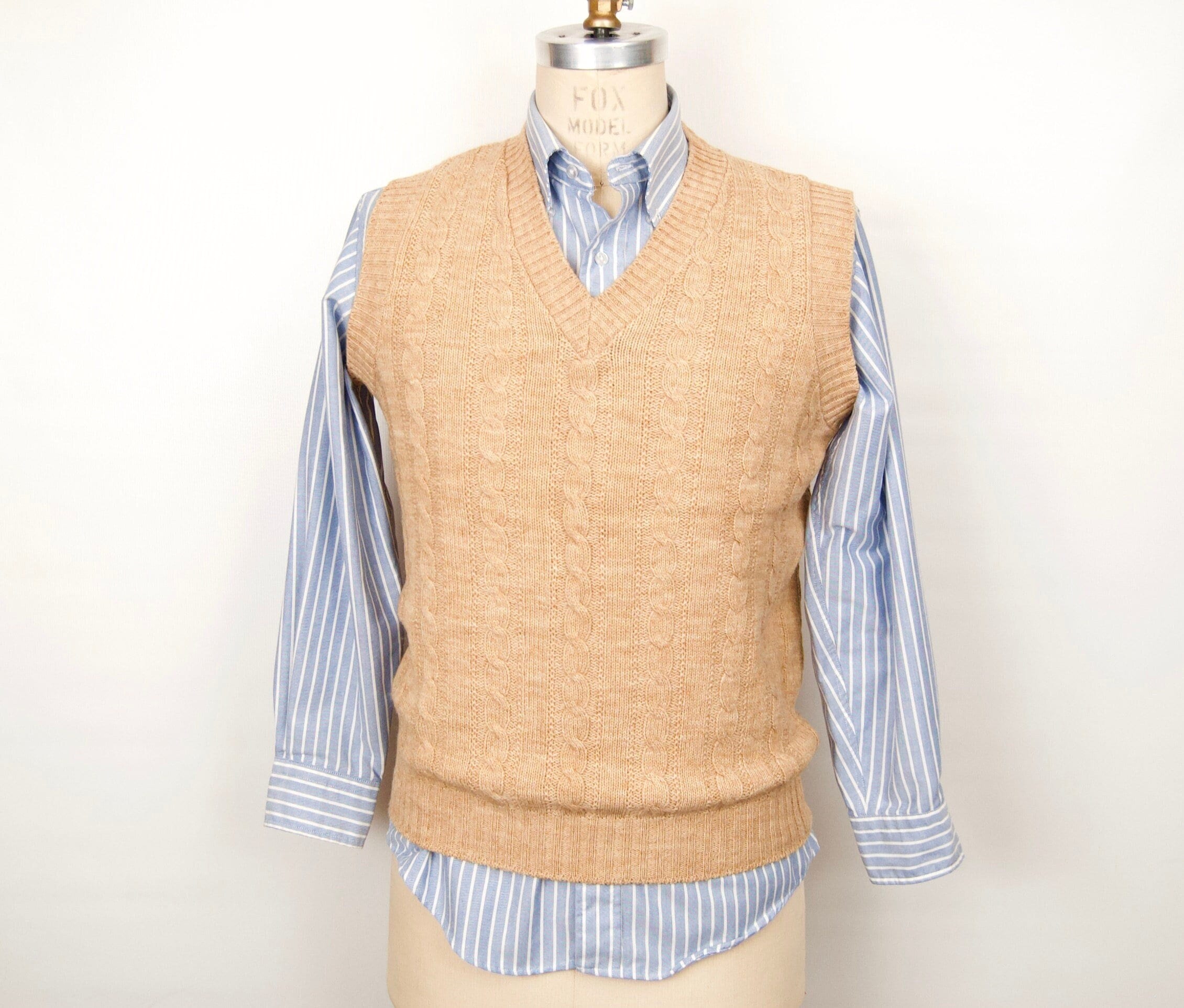1980s-70s Khaki Cable Knit Sweater Vest 